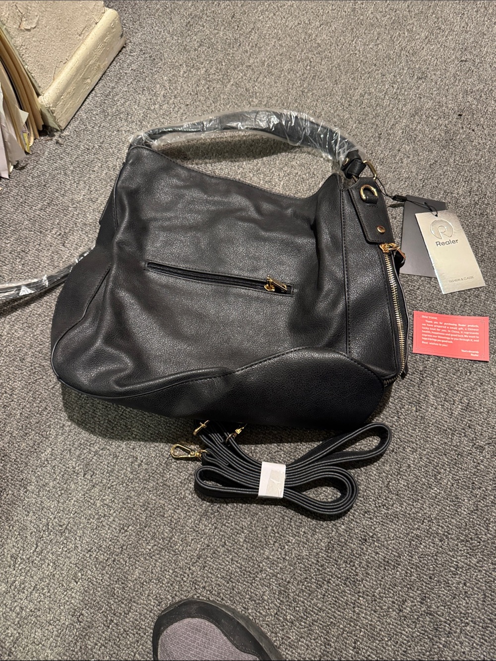 Realer Black Pebbled Hobo Handbag with Gold Hardware